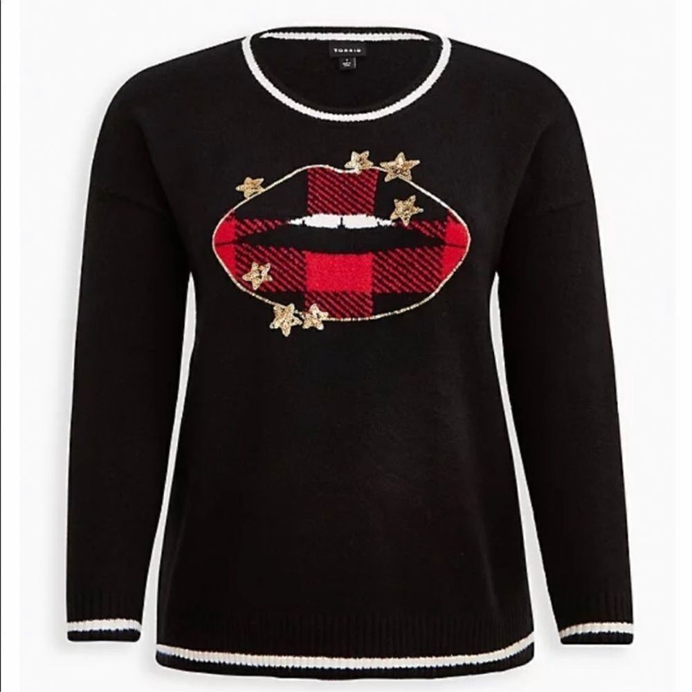 SEQUINS Star Lips Buffalo Plaid Pullover Sweater Crew Neck Plus Size NWT
